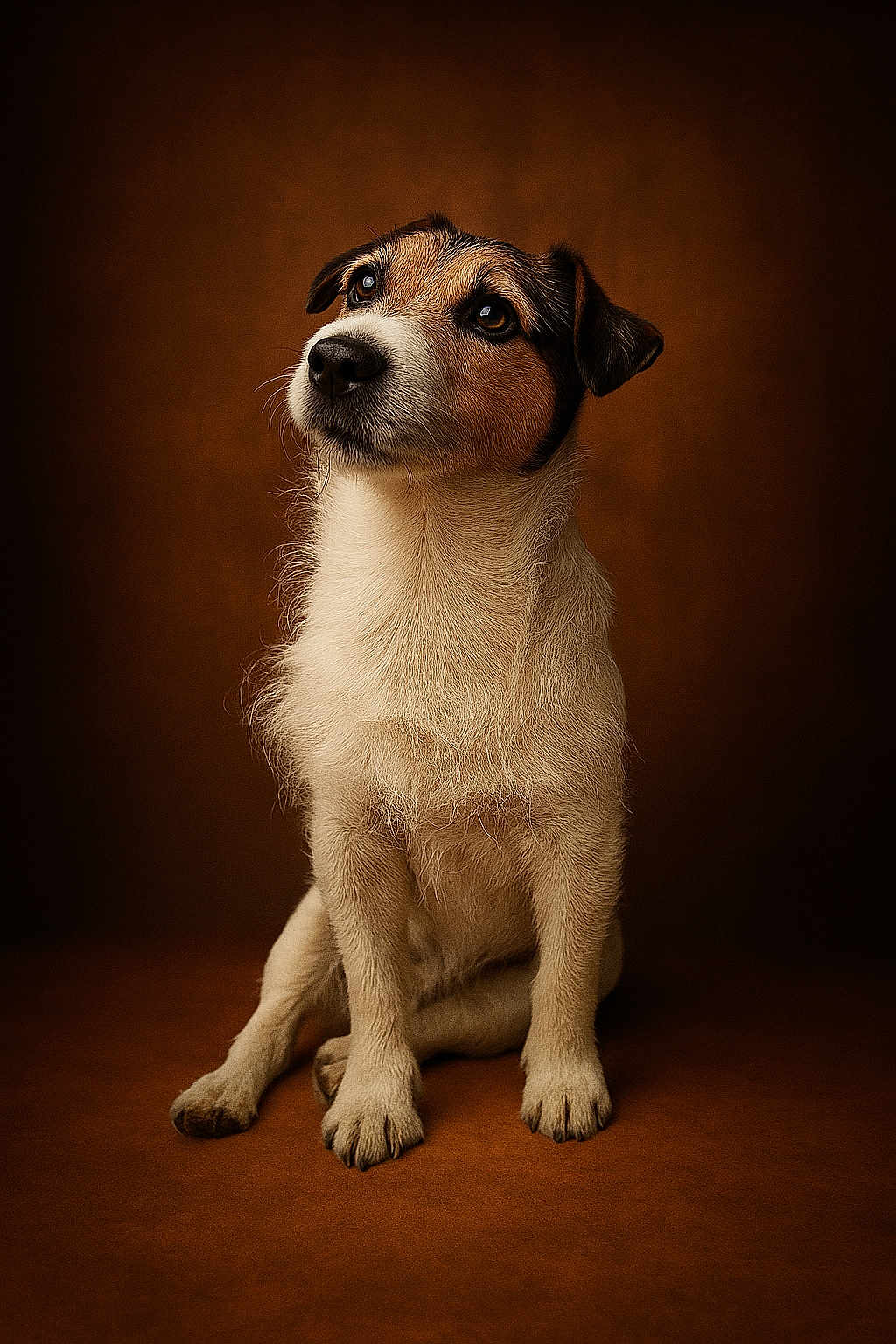 Ilario a rejoint le concours — aidez-le/la à gagner de superbes lots ! animal, brown_background, canine, cute, dog, domestic_animal, ears, eyes, fur, jack_russell_terrier, looking_up, nose, paw, pet, portrait, puppy, sitting, studio_lighting, whiskers, young
