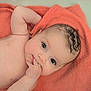 baby, infant, towel, skin, hand, face, eyes, cute, child, newborn, fingers, expression, soft, lying_down, portrait, adorable, looking, closeup, head, naked