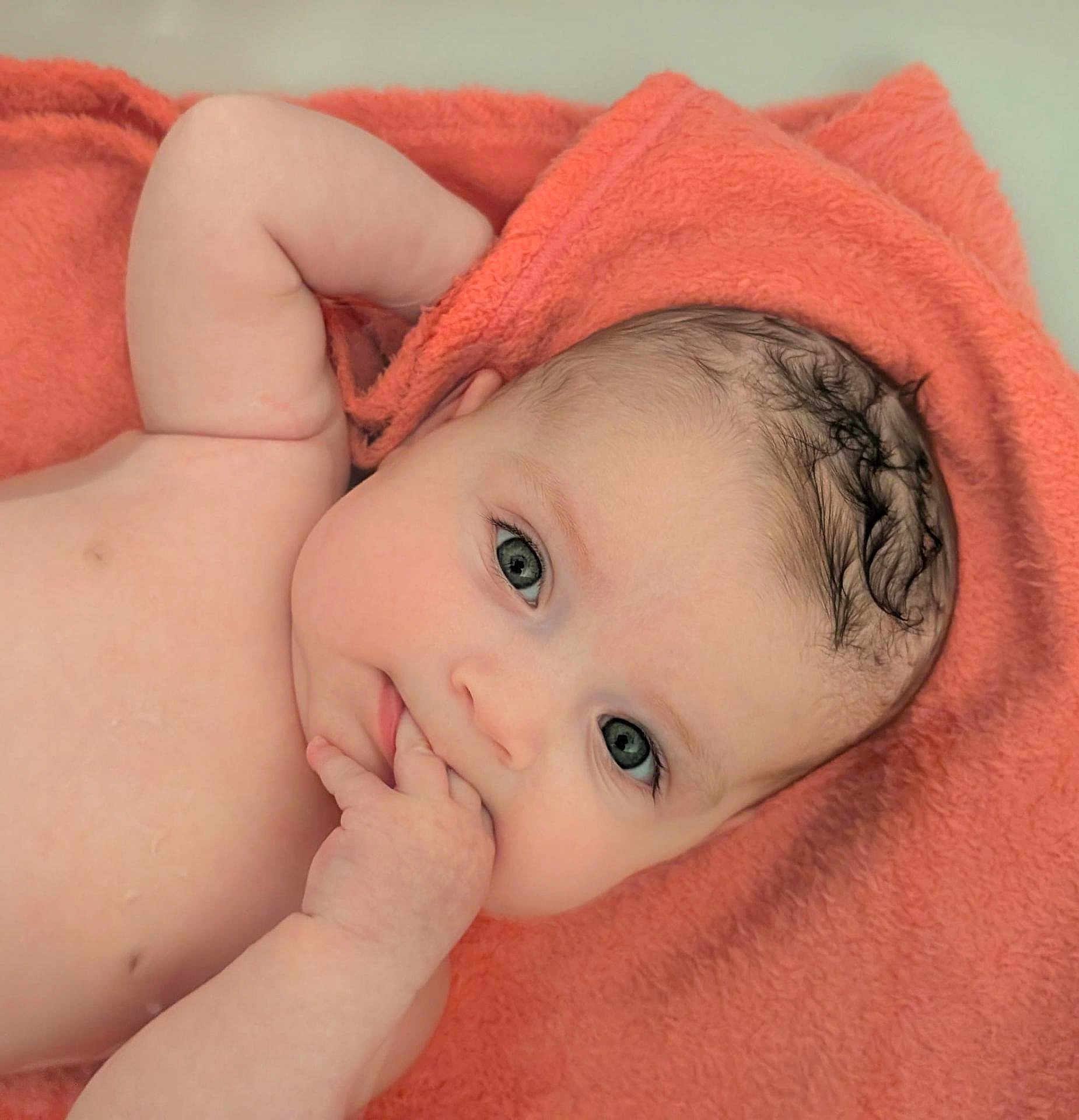 Anna participe au concours pour gagner de l'argent avec cette photo : baby, infant, towel, skin, hand, face, eyes, cute, child, newborn, fingers, expression, soft, lying_down, portrait, adorable, looking, closeup, head, naked