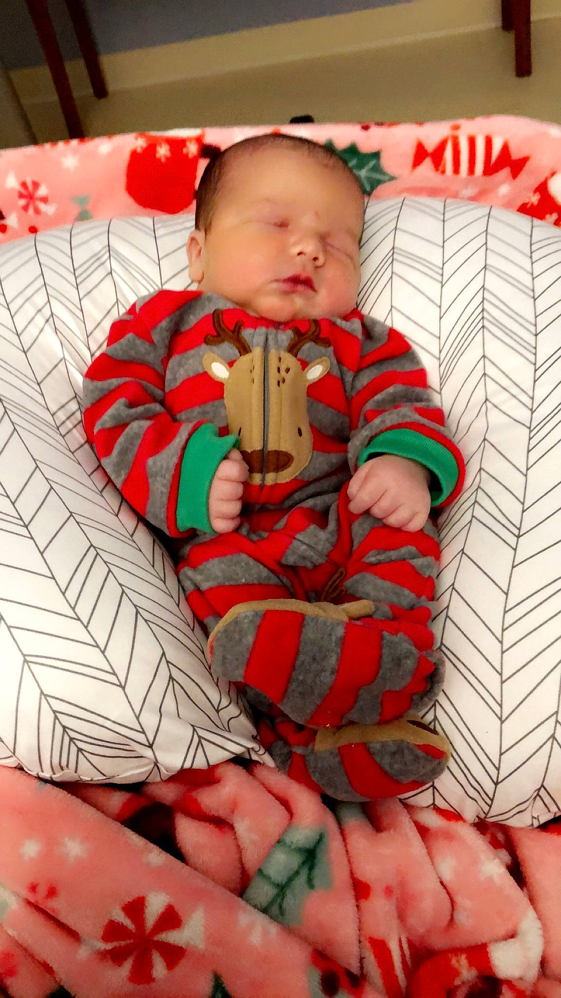 Brantlee joined the competition — help win amazing prizes! baby, baby_toddler_clothing, child, christmas, christmas_eve, comfort, eye, finger, hairstyle, head, holiday, lap, linens, organ, pattern, person, red, sitting, sleeve, textile