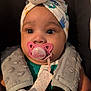 Ophelia joined the competition — help win amazing prizes! baby, pacifier, head_wrap, car_seat, child, infant, face, wide_eyes, pink, gray, straps, clothing, cute, portrait, close_up, indoor, seatbelt, baby_accessory, child_seat, soft_texture