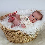 Tommy joined the competition — help win amazing prizes! baby, basket, blanket, cozy, cute, face, feet, fluffy, fur, infant, inside, laying, looking, person, portrait, resting, soft, texture, white, young