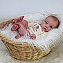 baby, basket, blanket, cozy, cute, face, feet, fluffy, fur, infant, inside, laying, looking, person, portrait, resting, soft, texture, white, young