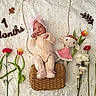 baby, infant, onesie, headband, pink, basket, flower, tulip, carnation, doll, crocheted, blanket, star_pattern, milestone, months, cute, portrait, lying_down, decor, celebration