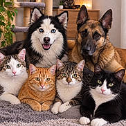 Bijou a rejoint le concours — aidez-le/la à gagner de superbes lots ! animal, blue_eyes, calico_cat, carpet, cat, cat_tree, dog, fluffy, four_cats, furniture, german_shepherd, group_portrait, houseplant, husky, indoor, living_room, orange_cat, pet, tabby_cat, tuxedo_cat