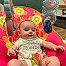 Azeleigh joined the competition — help win amazing prizes! baby, bouncer, child, colorful, comfortable, cute, floor, floral_pattern, green, home, indoor, infant, onesie, pink, playful, seat, smiling, toy, white, wooden_floor