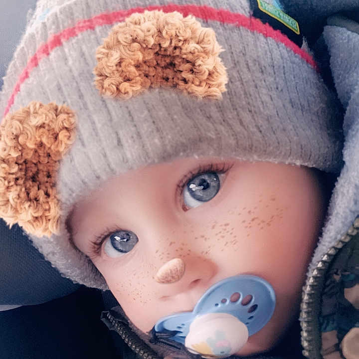 Kyler joined the competition — help win amazing prizes! baby, cap, cheek, child, electric_blue, eye, head, headgear, knit_cap, lip, organ, outerwear, pink, skin, textile, toddler, toy, white, wool, woolen