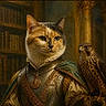 Missy is registered to the contest to win money with this photo: animal, armor, bird, cat, costume, dramatic_lighting, fantasy, fantasy_art, feline, hawk, indoors, knight, library, medieval, ornate, painting, perched, portrait, raptor, royal