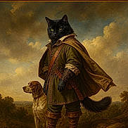 Porchcat joined the competition — help win amazing prizes! adventure, animal, black_cat, brown_dog, cape, cat, cloak, clouds, costume, dog, fantasy, hero, historical, landscape, medieval, outdoor, painting, portrait, sidekick, storybook