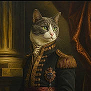 Tom joined the competition — help win amazing prizes! animal, cat, dark_background, digital_art, ears, epaulettes, formal, green_eyes, historical, indoor, medals, military_style, ornate, painting_style, pet, portrait, regal, tabby_cat, uniform, whiskers