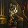 animal, cat, dark_background, digital_art, ears, epaulettes, formal, green_eyes, historical, indoor, medals, military_style, ornate, painting_style, pet, portrait, regal, tabby_cat, uniform, whiskers