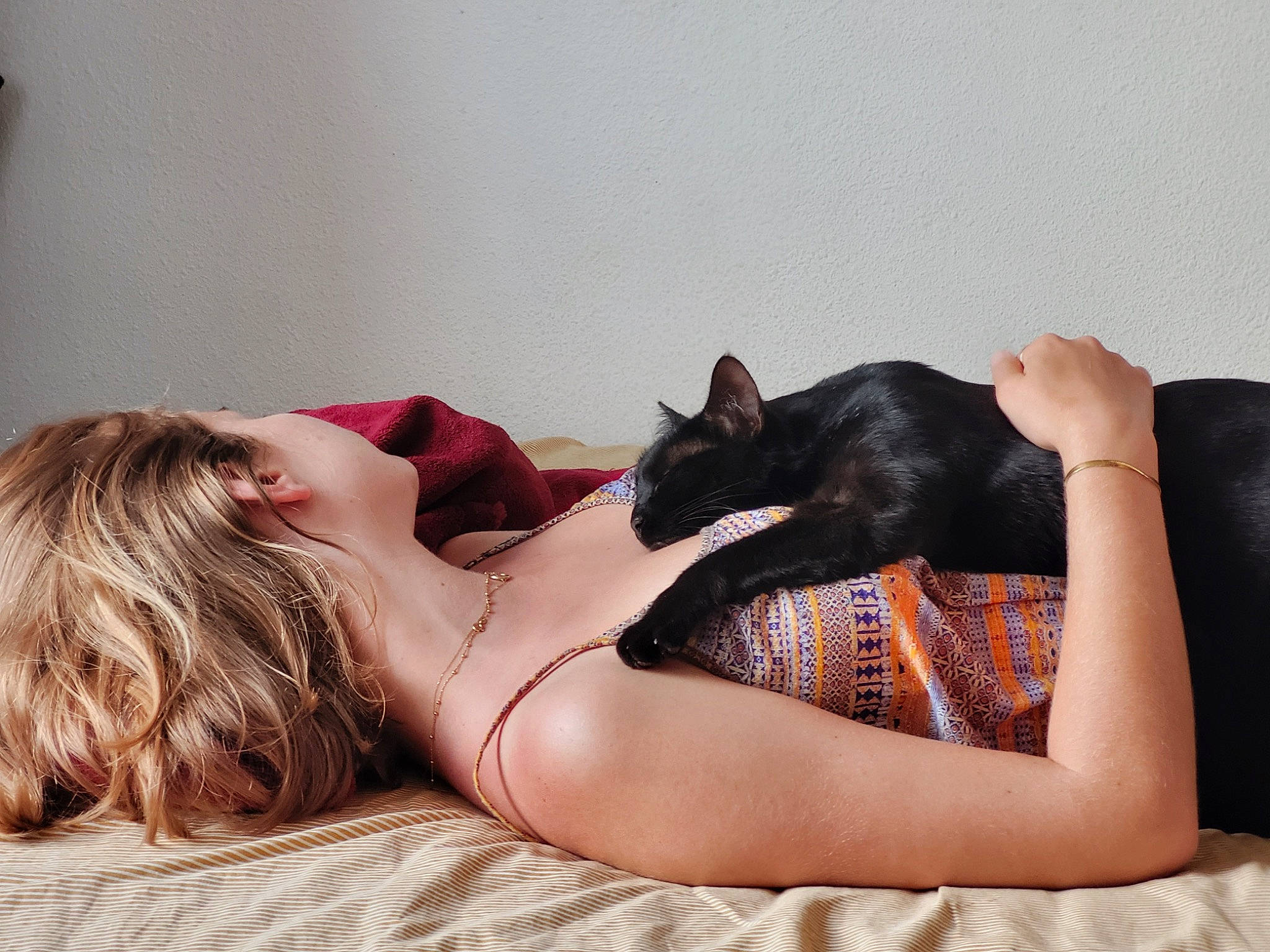 Bonnie participe au concours pour gagner de l'argent avec cette photo : black_hair, carnivore, cat, comfort, couch, dress, ear, elbow, eyebrow, eyelash, felidae, gesture, hand, happy, human_body, neck, shoulder, small_to_medium_sized_cats, thigh, whiskers