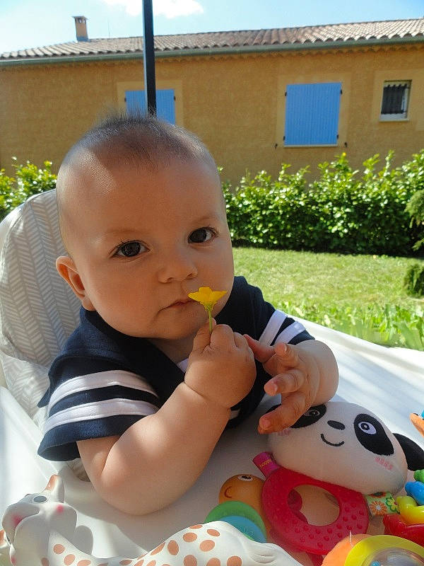 Naïs a rejoint le concours — aidez-le/la à gagner de superbes lots ! baby, baby_products, cheek, child, face, finger, grass, head, nose, person, play, product, recreation, sitting, skin, summer, toddler, toy, tummy_time, vacation