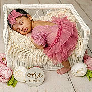 Hitha is registered to the contest to win money with this photo: baby, infant, sleeping, pink_dress, headband, wicker_basket, blanket, flowers, wooden_floor, one_month, cute, newborn, portrait, indoors, soft_lighting, delicate, peaceful, toddler, decor, resting