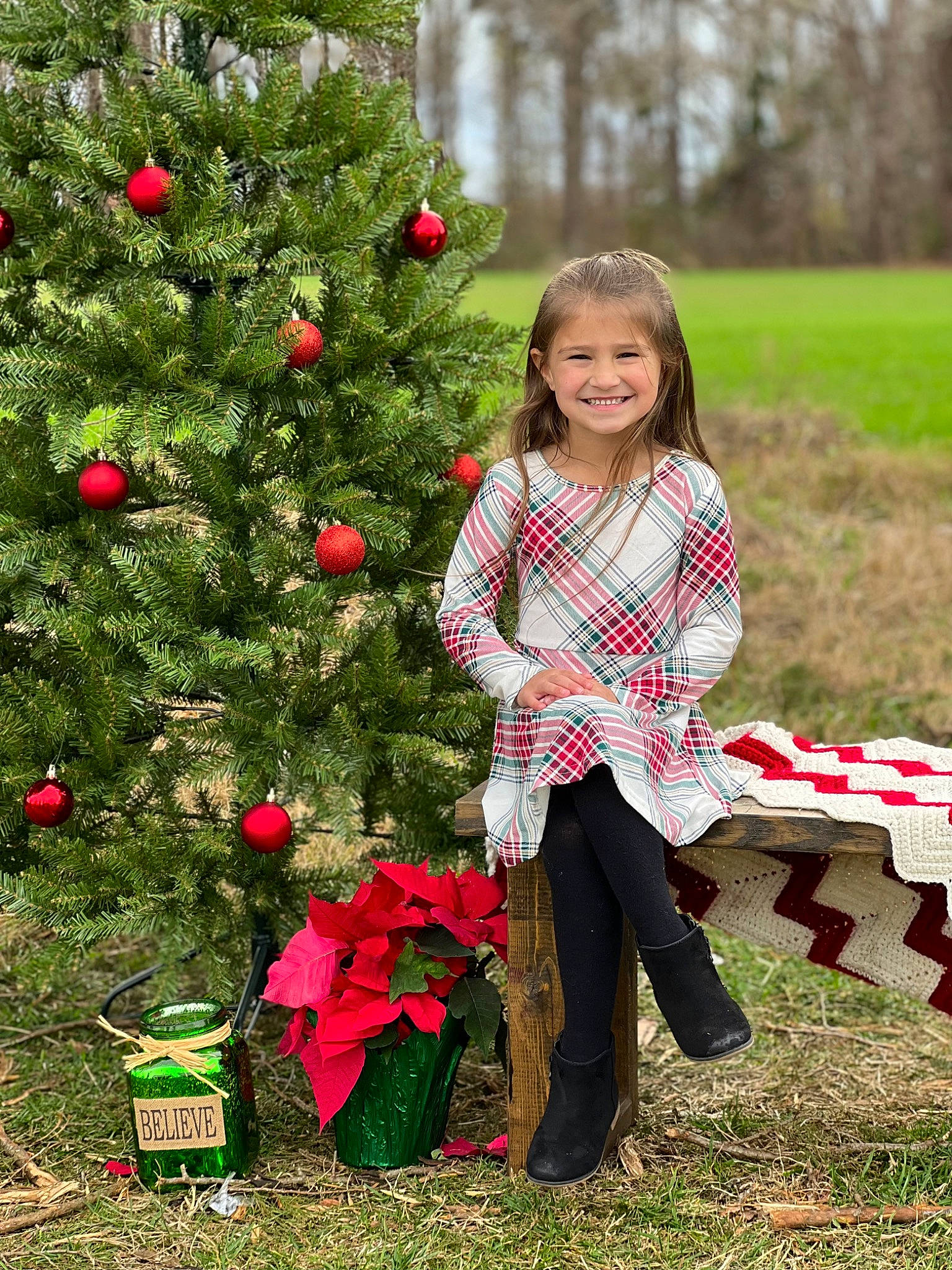 Kendall is registered to the contest to win money with this photo: bench, christmas, christmas_decoration, christmas_eve, christmas_ornament, christmas_tree, conifer, event, evergreen, grass, green, happy, holiday, holiday_ornament, joy, leaf, ornament, people_in_nature, person, plant