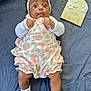 Anaya is registered to the contest to win money with this photo: baby, infant, child, romper, headband, flower, wooden_sign, months, blanket, sock, cute, lying_down, surprised, adorable, pattern, fabric, soft, pink, white, grey
