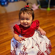 Aria joined the competition — help win amazing prizes! baby, child, girl, dress, red_dress, white_dress, embroidery, smile, happy, sitting, floor, wooden_floor, hair_bow, pony_tail, cute, indoor, portrait, person, black_shoes, playful