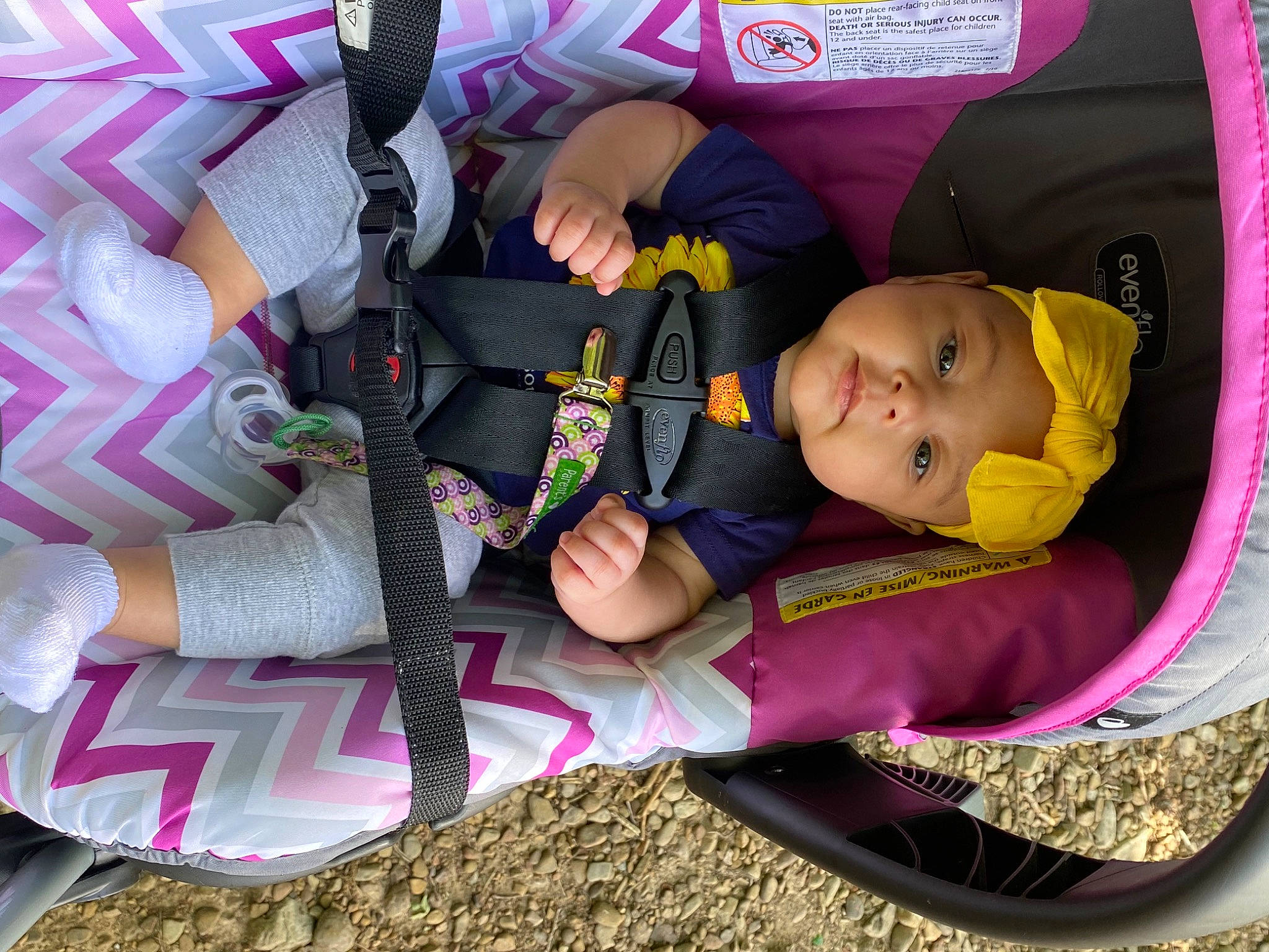 Khalani is registered to the contest to win money with this photo: auto_part, baby, baby_carriage, baby_products, baby_toddler_clothing, car_seat, child, comfort, fashion_accessory, fun, grass, headwear, lap, magenta, person, pink, purple, sitting, sock, toddler