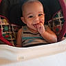 baby, child, high_chair, smile, finger_in_mouth, indoor, seat_cover, colorful, pattern, floral, clothing, person, cute, happy, face, head, young_child, infant, sitting, playful