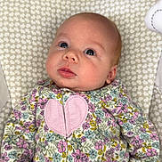 Emberlynn is registered to the contest to win money with this photo: baby, infant, child, floral_onesie, heart_pattern, patterned_fabric, baby_seat, curious_look, blue_eyes, soft_focus, indoor, wooden_floor, cute, small_hands, newborn, portrait, comfort, seated, clothing, head