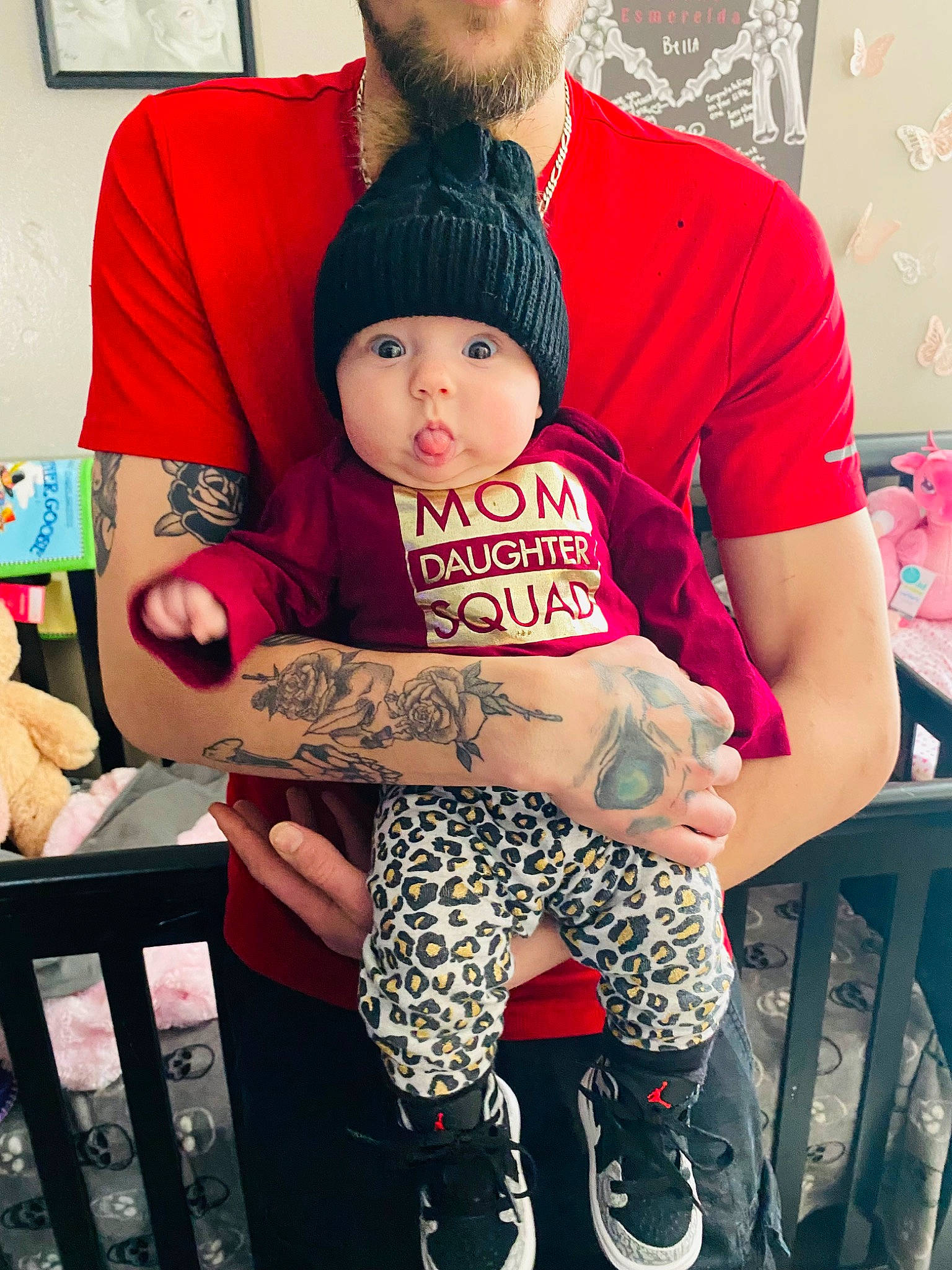 Sloane joined the competition — help win amazing prizes! baby_toddler_clothing, cap, comfort, cool, facial_expression, fashion, happy, hat, headwear, interaction, lap, leg, muscle, person, pink, red, shorts, shoulder, style, surprise