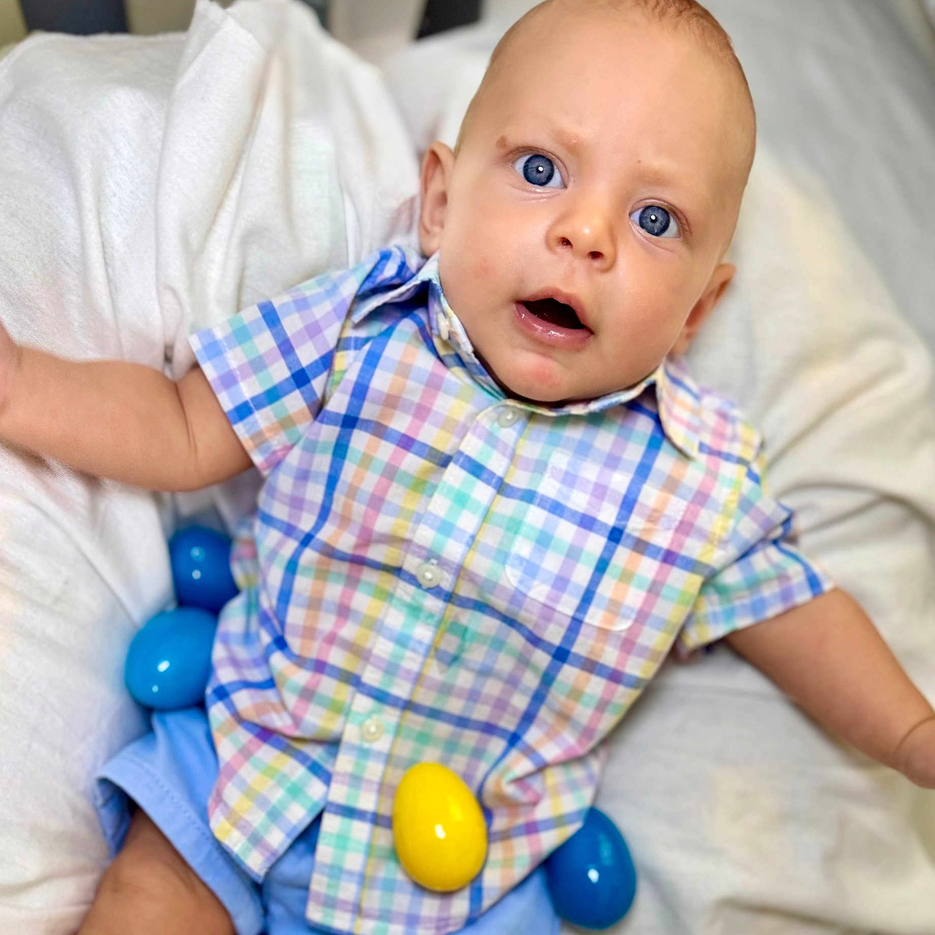 Daxson joined the competition — help win amazing prizes! baby, bed, blanket, clothing, crawling, cushion, face, furniture, happy, head, homedecor, newborn, people, person, photography, portrait, shirt, sitting, sleeve, smile