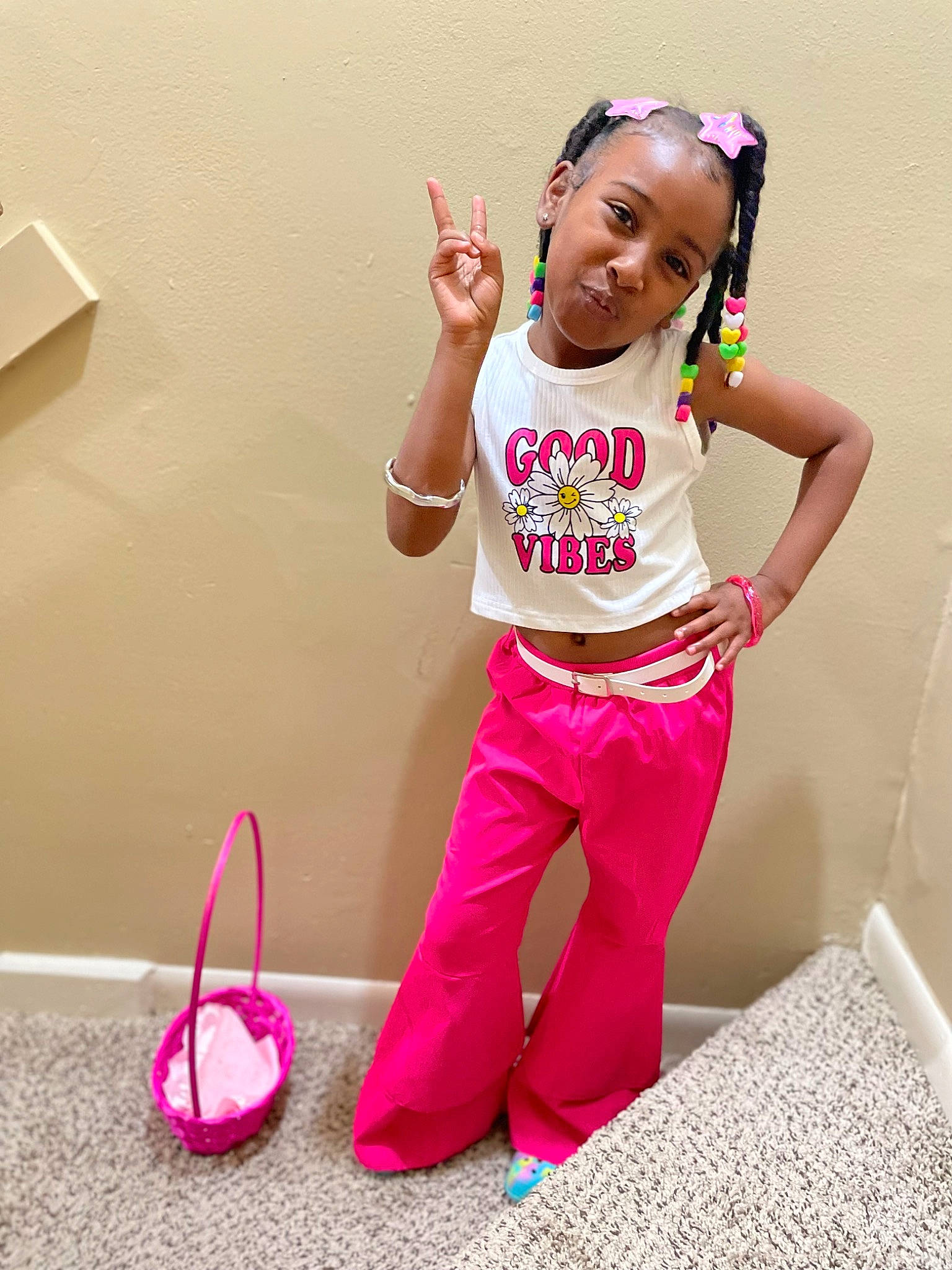Alayshia is registered to the contest to win money with this photo: active_pants, arm, baby_toddler_clothing, child, flooring, fun, happy, human_leg, knee, magenta, person, pink, play, room, shoulder, sleeve, sportswear, t_shirt, thigh, toddler