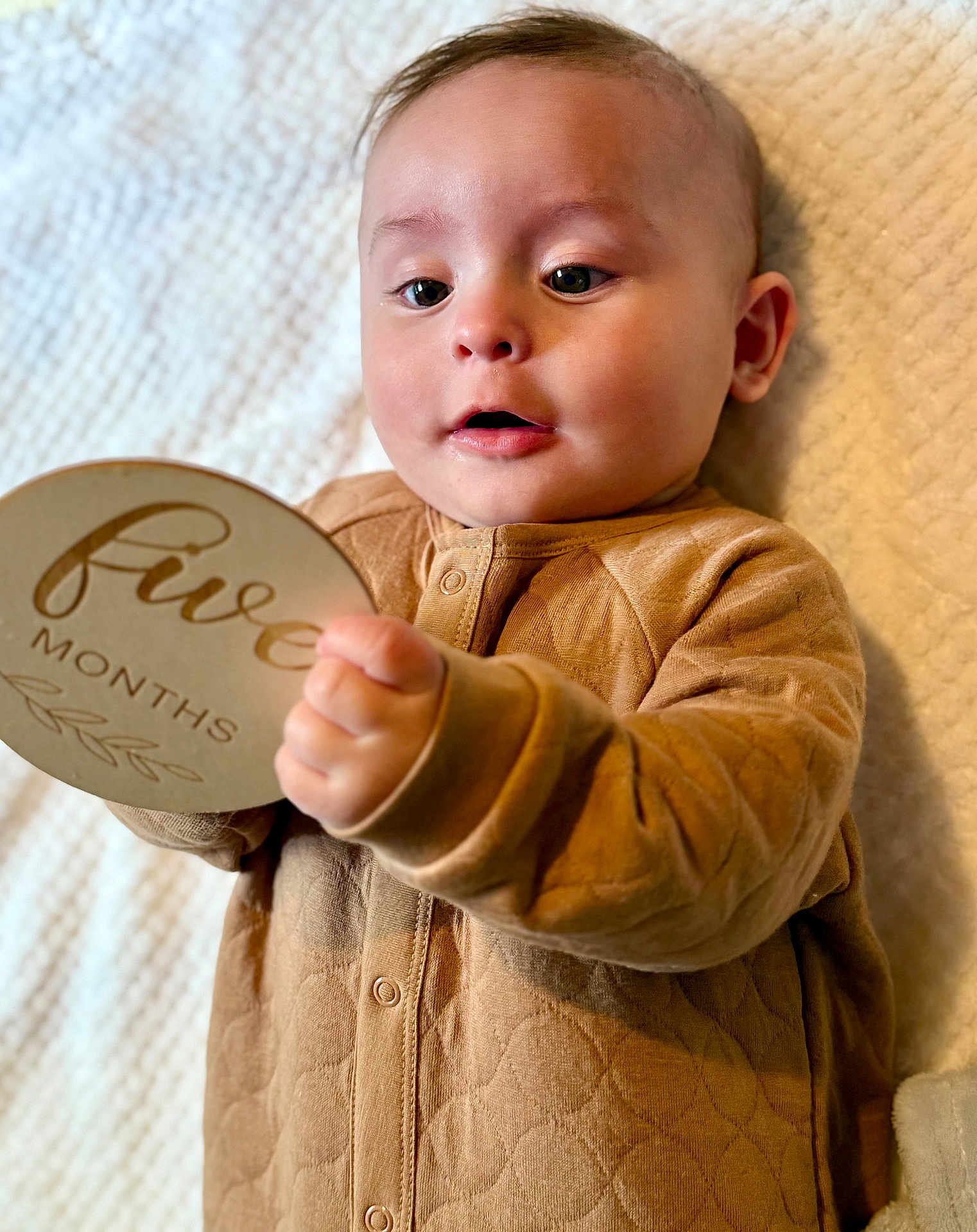 Theo is registered to the contest to win money with this photo: baby, infant, child, five_months, onesie, brown_clothing, plaque, hand, face, eyes, lying_down, blanket, texture, indoor, cute, portrait, skin, small_hands, curious, young_child