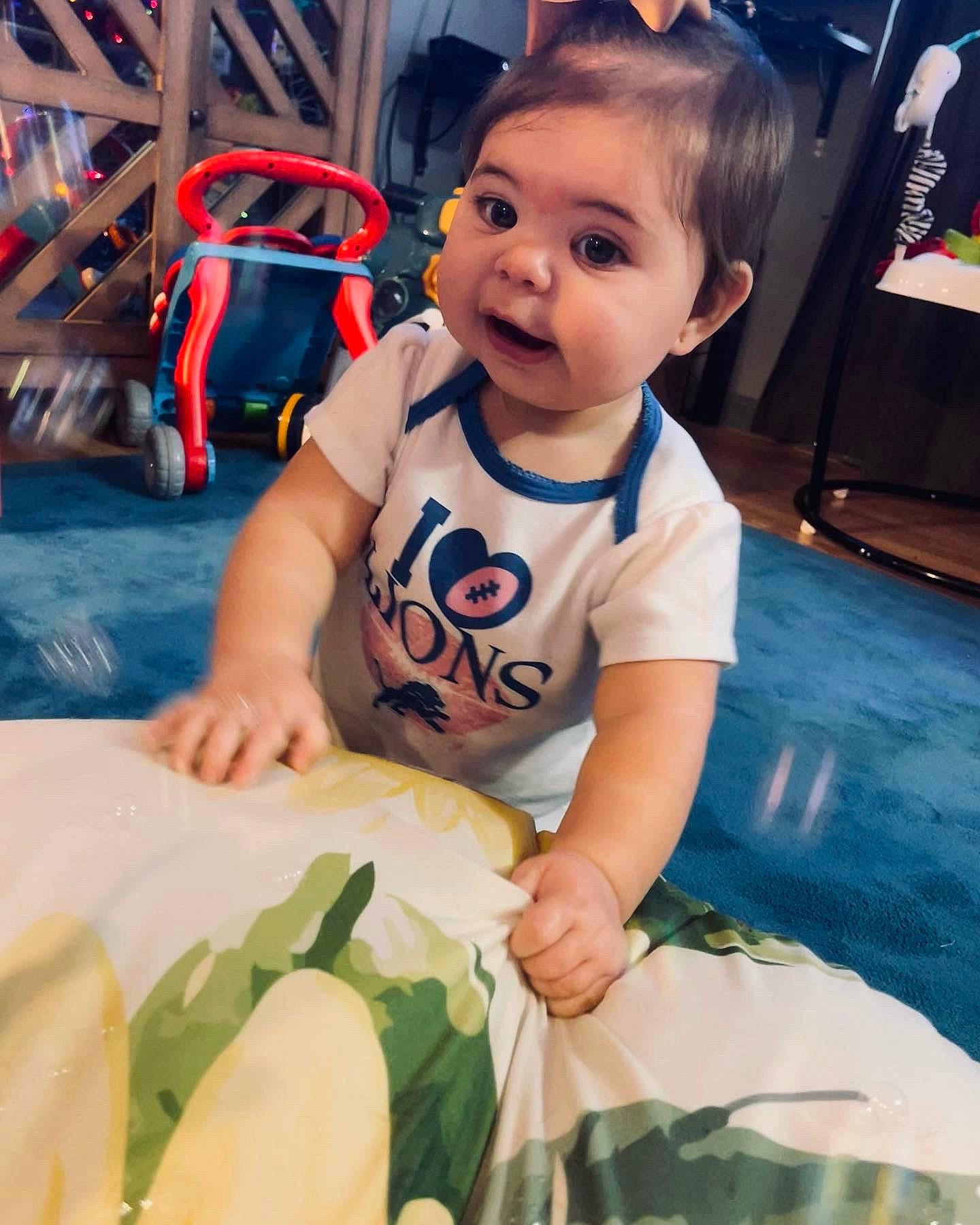 Ella joined the competition — help win amazing prizes! baby, baby_toddler_clothing, child, cool, eye, finger, flooring, fun, green, hairstyle, happy, head, human_body, leisure, person, skin, smile, snapshot, summer, t_shirt