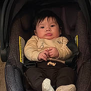 Alex is registered to the contest to win money with this photo: baby, infant, car_seat, dinosaur, clothing, socks, indoor, floor, wooden_floor, seat_belt, cute, child, person, young, face, hands, footwear, baby_clothes, sitting, portrait