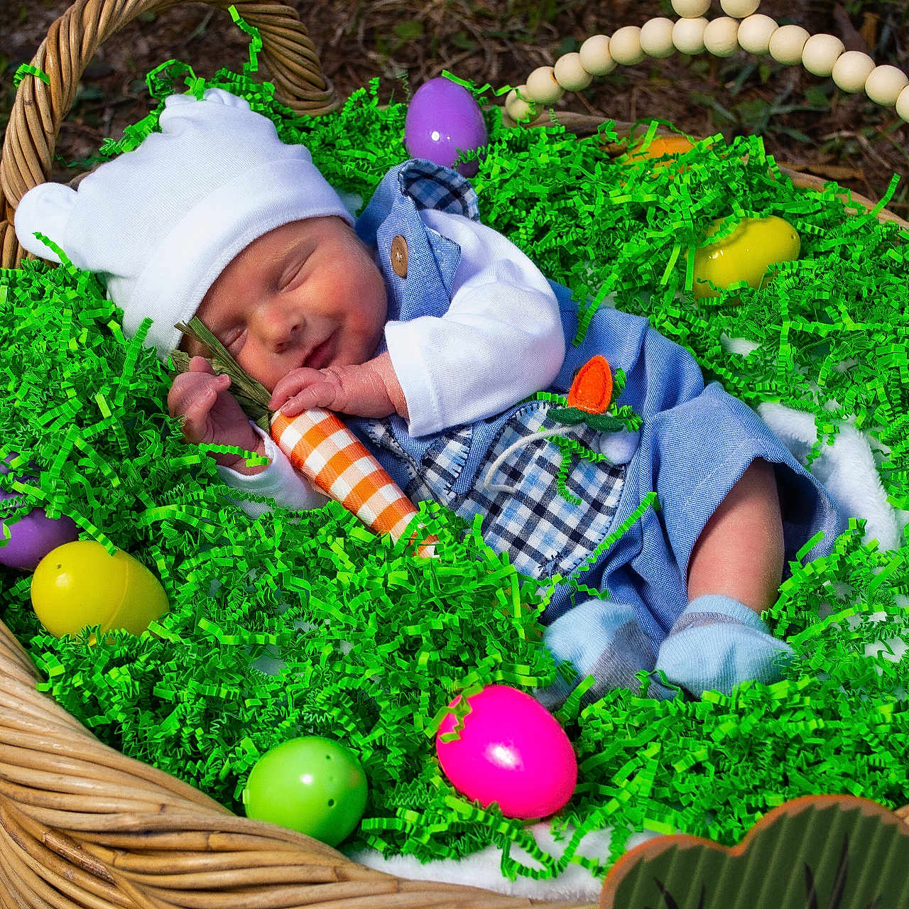 Carson joined the competition — help win amazing prizes! baby, basket, bed, bonnet, clothing, egg, face, food, fungus, glove, grass, hat, head, newborn, person, photography, plant, portrait, purple, sphere