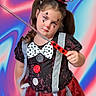 child, girl, portrait, costume, magician, top_hat, wand, bow_tie, suspenders, makeup, face_paint, red_skirt, black_clothing, colorful, neon_background, performer, themed_photo, standing, whimsical, indoor