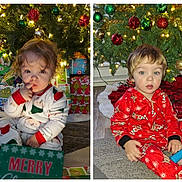 Damien is registered to the contest to win money with this photo: children, toddlers, christmas, christmas_tree,  ornaments, presents, gift_wrapping, pajamas, holiday, festive, indoors, sitting, portrait, smiling, young_faces, family, lights, decorations, red_clothing, green_clothing
