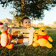 Josiah is registered to the contest to win money with this photo: baby, child, plush_toy, tigger, winnie_the_pooh, wooden_crate, grass, outdoor, sunlight, tree, mountains, letter_j, bee_decorations, cute, smiling, daylight, nature, park, toy, portrait