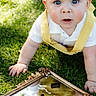 baby, child, infant, grass, outdoor, mirror, reflection, yellow_overalls, white_shirt, blue_eyes, crawling, curious, face, rosy_cheeks, sunlight, daylight, closeup, portrait, person, nature