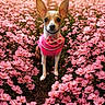 adorable, animal_portrait, bow_tie, canine, close_up, colorful, cute, dog, flora, flower_field, garden, grass, nature, outdoor, pet, pet_clothing, pink_flowers, small_dog, spring, summer
