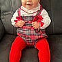 baby, child, smiling, red_tights, plaid_dress, white_blouse, couch, indoor, sitting, happy, face, person, cute, portrait, hands, feet, infant, clothing, furniture, bright_eyes