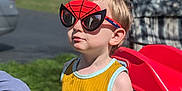 Silas joined the competition — help win amazing prizes! child, boy, sunglasses, spiderman, yellow_shirt, outdoor, sunny, playground, slide, grass, toy, summer, casual_clothing, blond_hair, portrait, daylight, fun, cute, person, fashion