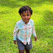 Carson joined the competition — help win amazing prizes! child, toddler, curly_hair, smiling, grass, outdoor, shirt, shorts, footwear, greenery, sunlight, happy, portrait, young_child, nature, casual_clothing, person, standing, daylight, cute