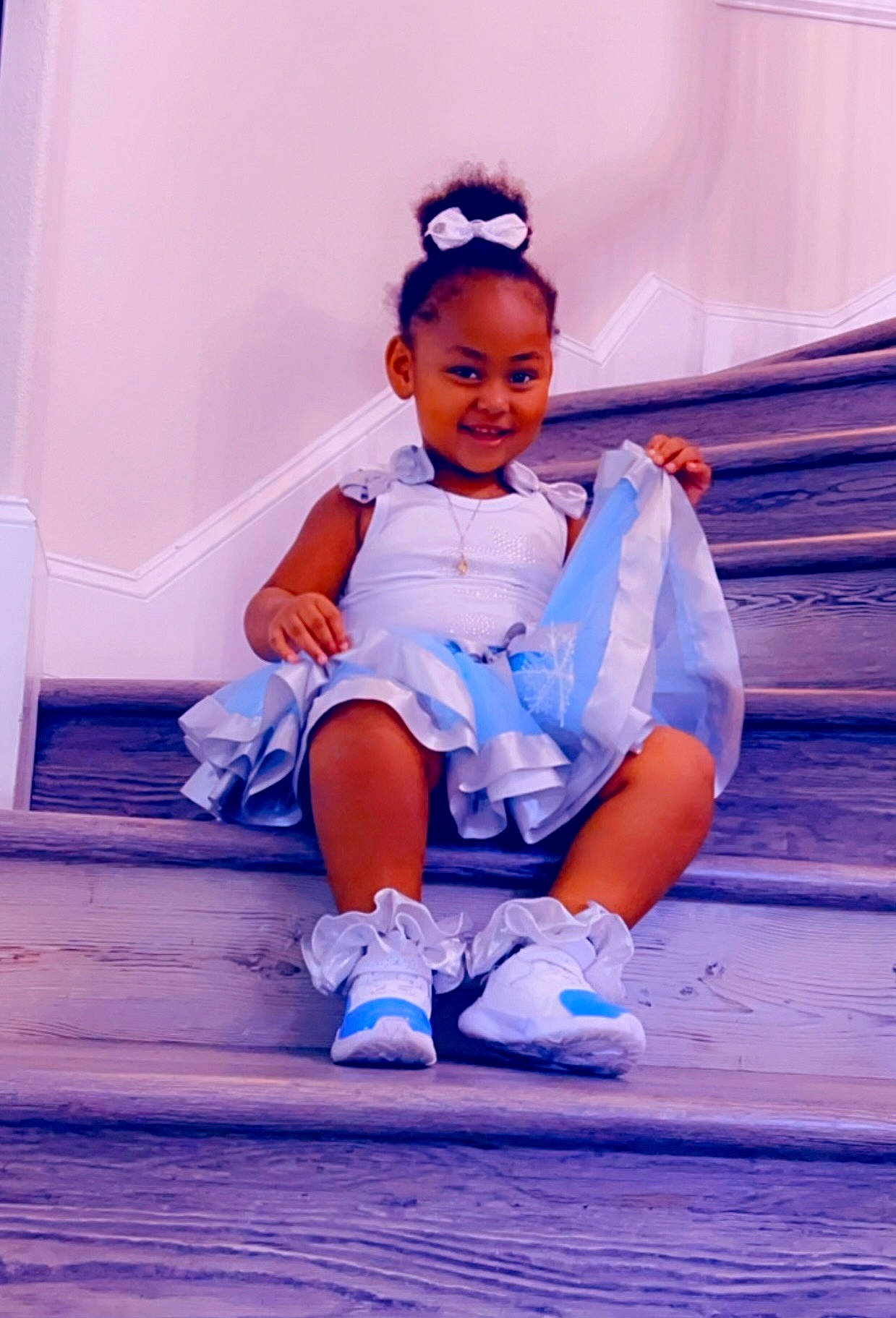 Rose joined the competition — help win amazing prizes! baby_toddler_clothing, child, electric_blue, fashion_design, flash_photography, fun, happy, human_leg, jewellery, joy, knee, magenta, person, pink, purple, sandal, sitting, smile, sock, standing