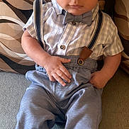 Ralph Jace Valentin is registered to the contest to win money with this photo: baby, bow_tie, child, couch, cozy, cute, eyes, face, formal_outfit, hands, indoor, infant, pants, patterned_pillow, pillow, portrait, shirt, shoes, sitting, suspenders
