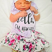 Hazel is registered to the contest to win money with this photo: baby, child, clothing, cute, feet, floral, flower, hands, headband, hospital_band, infant, lying_down, newborn, peaceful, portrait, purple, skirt, sleeping, soft, white