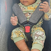 Bryan a rejoint le concours — aidez-le/la à gagner de superbes lots ! baby, child, car_seat, pajamas, animal_print, safety_harness, infant, cute, indoors, seat, footwearless, looking_away, clothing, young_child, seatbelt, portrait, person, toddler, hands, feet
