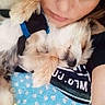 Gizmo joined the competition — help win amazing prizes! dog, sleeping, person, blanket, blue, polka_dot, fur, face_partial, close_up, resting, indoor, comfort, pet, animal, cuddle, nap, soft, warm, casual, relaxed