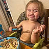Leilani joined the competition — help win amazing prizes! toddler, child, high_chair, pasta, messy, food, meal, fork, smile, happy, face, hands, indoor, table, plate, clothing, expression, hair, person, dining