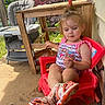 toddler, child, red_chair, plastic_chair, sandals, outdoor, porch, wooden_chair, high_chair, snacks, sock, sunlight, trees, greenery, clothing, person, playful, relaxed, summer, casual