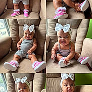 Loana joined the competition — help win amazing prizes! baby, child, adorable, striped_clothing, headband, white_bow, pink_shoes, frilly_socks, armchair, indoor, natural_light, cute, smiling, sitting, posing, infant, person, portrait, happy, cozy