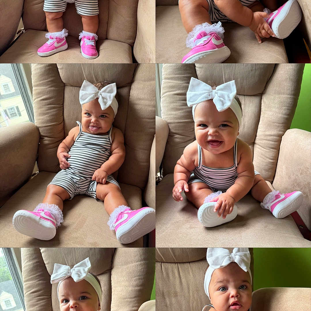 Loana joined the competition — help win amazing prizes! adorable, armchair, baby, child, cozy, cute, frilly_socks, happy, headband, indoor, infant, natural_light, person, pink_shoes, portrait, posing, sitting, smiling, striped_clothing, white_bow