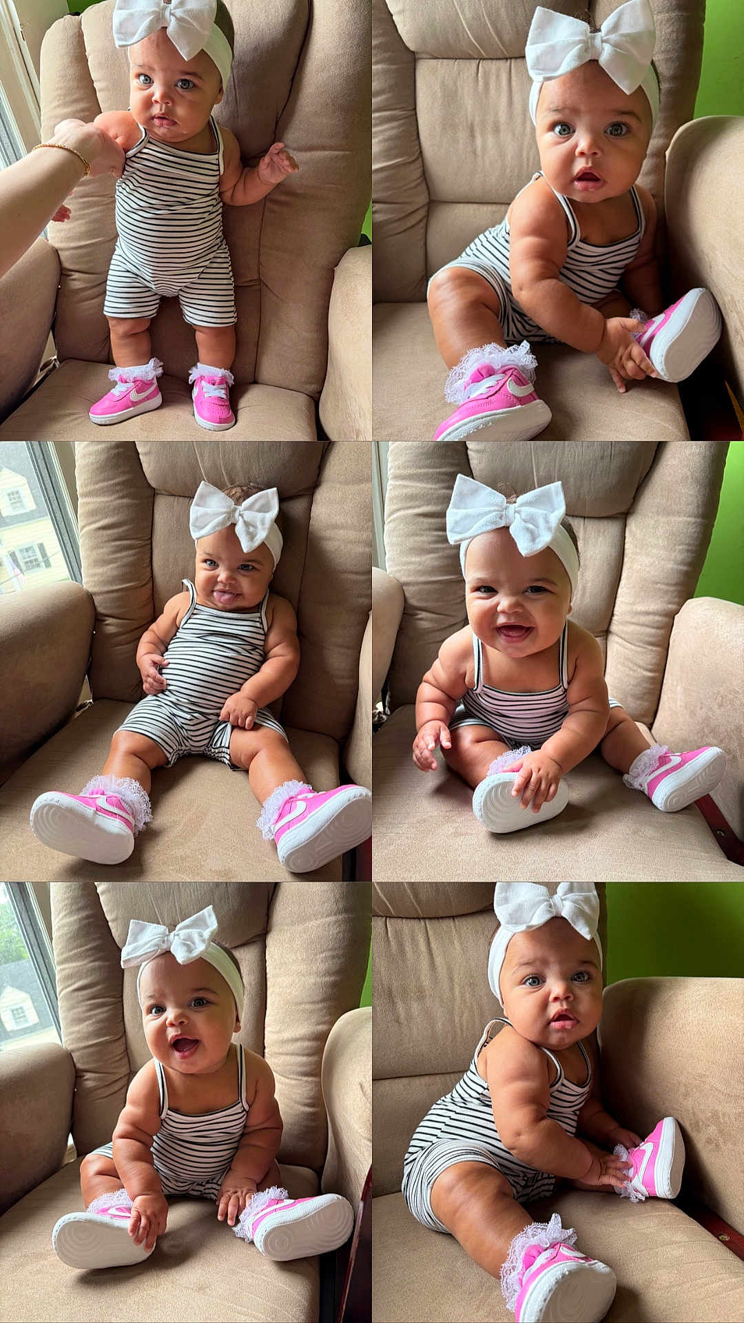 Loana joined the competition — help win amazing prizes! baby, child, adorable, striped_clothing, headband, white_bow, pink_shoes, frilly_socks, armchair, indoor, natural_light, cute, smiling, sitting, posing, infant, person, portrait, happy, cozy