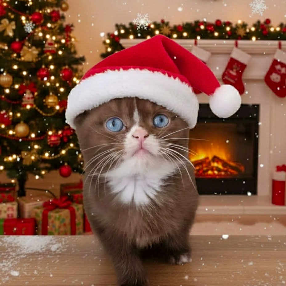 Al'Capone a rejoint le concours — aidez-le/la à gagner de superbes lots ! blue_eyes, brown_fur, cat, celebration, christmas_tree, cute, decorations, festive, fireplace, gifts, holiday, indoor, kitten, pet, santa_hat, snowflakes, stockings, white_fur, winter, wooden_surface
